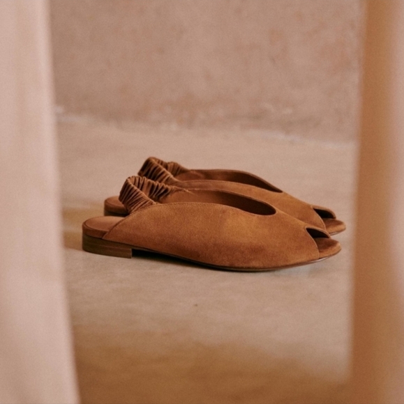 Sezane Low Lou Slingback Peep Toe Flats in Hazelnut - Picture 1 of 8